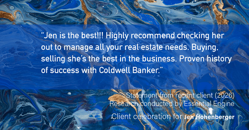 Testimonial for real estate agent Jen Hohenberger with Coldwell Banker Realty in Exton, PA: "Jen is the best!!! Highly recommend checking her out to manage all your real estate needs. Buying, selling she’s the best in the business. Proven history of success with Coldwell Banker."