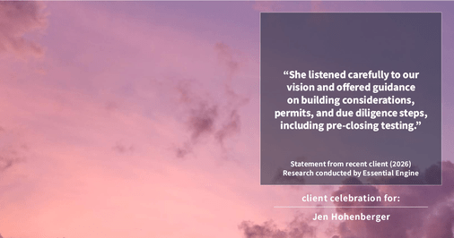 Testimonial for real estate agent Jen Hohenberger with Coldwell Banker Realty in Exton, PA: "She listened carefully to our vision and offered guidance on building considerations, permits, and due diligence steps, including pre-closing testing."