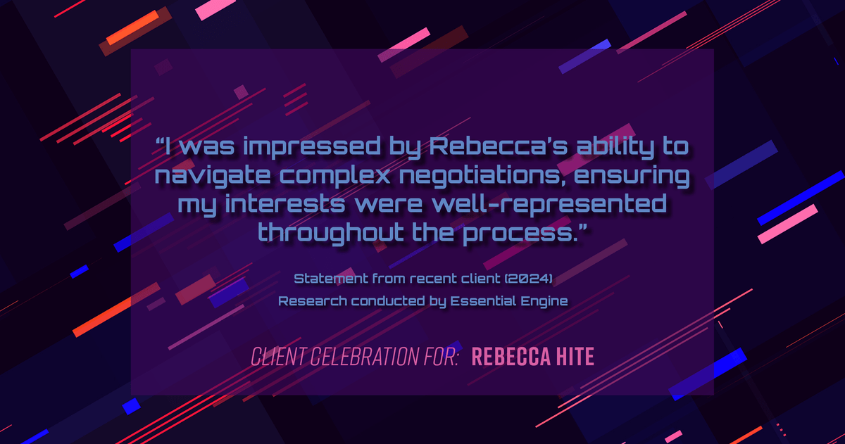 Testimonial for real estate agent Rebecca Hite with Huntington Properties, LLC in Greenwood Village, CO: "I was impressed by Rebecca's ability to navigate complex negotiations, ensuring my interests were well-represented throughout the process."