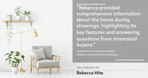 Testimonial for real estate agent Rebecca Hite with Huntington Properties, LLC in Englewood, CO: "Rebecca provided comprehensive information about the home during showings, highlighting its key features and answering questions from interested buyers."