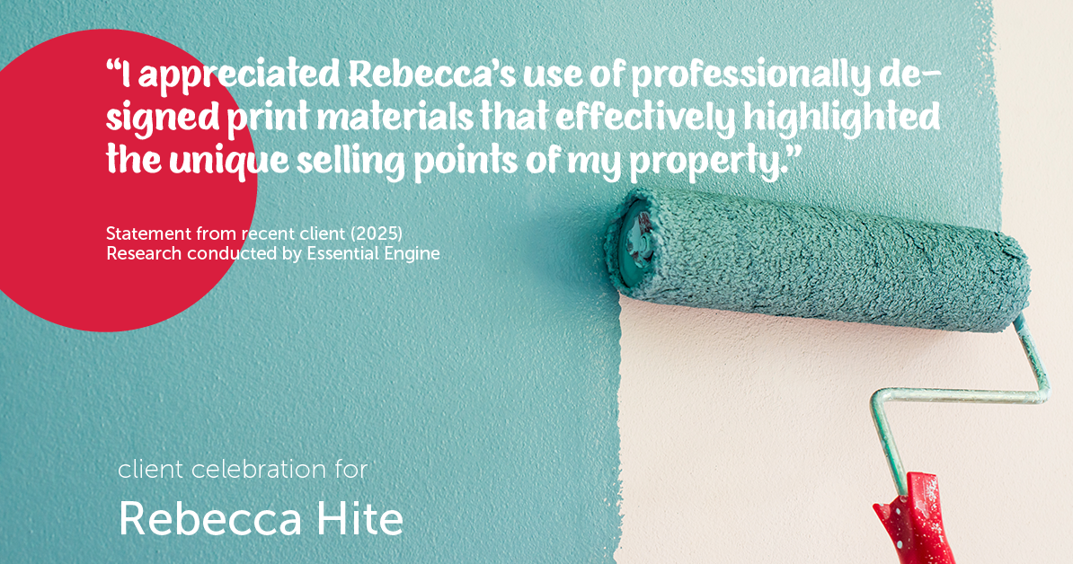 Testimonial for real estate agent Rebecca Hite with Huntington Properties, LLC in Englewood, CO: "I appreciated Rebecca's use of professionally designed print materials that effectively highlighted the unique selling points of my property."