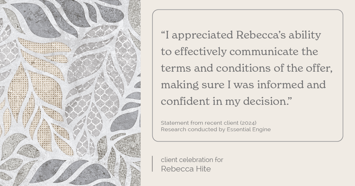 Testimonial for real estate agent Rebecca Hite with Huntington Properties, LLC in Greenwood Village, CO: "I appreciated Rebecca's ability to effectively communicate the terms and conditions of the offer, making sure I was informed and confident in my decision."