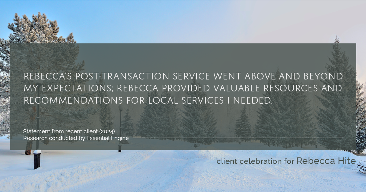 Testimonial for real estate agent Rebecca Hite with Huntington Properties, LLC in Greenwood Village, CO: Rebecca's post-transaction service went above and beyond my expectations; Rebecca provided valuable resources and recommendations for local services I needed.