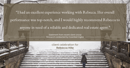 Testimonial for real estate agent Rebecca Hite with Huntington Properties, LLC in Greenwood Village, CO: "I had an excellent experience working with Rebecca. Her overall performance was top-notch, and I would highly recommend Rebecca to anyone in need of a reliable and dedicated real estate agent."