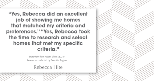 Testimonial for real estate agent Rebecca Hite with Huntington Properties, LLC in Englewood, CO: "Yes, Rebecca did an excellent job of showing me homes that matched my criteria and preferences." "Yes, Rebecca took the time to research and select homes that met my specific criteria."