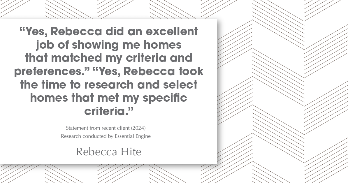 Testimonial for real estate agent Rebecca Hite with Huntington Properties, LLC in Englewood, CO: "Yes, Rebecca did an excellent job of showing me homes that matched my criteria and preferences." "Yes, Rebecca took the time to research and select homes that met my specific criteria."