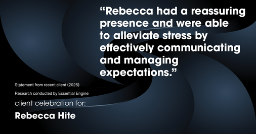 Testimonial for real estate agent Rebecca Hite with Huntington Properties, LLC in Englewood, CO: "Rebecca had a reassuring presence and were able to alleviate stress by effectively communicating and managing expectations."