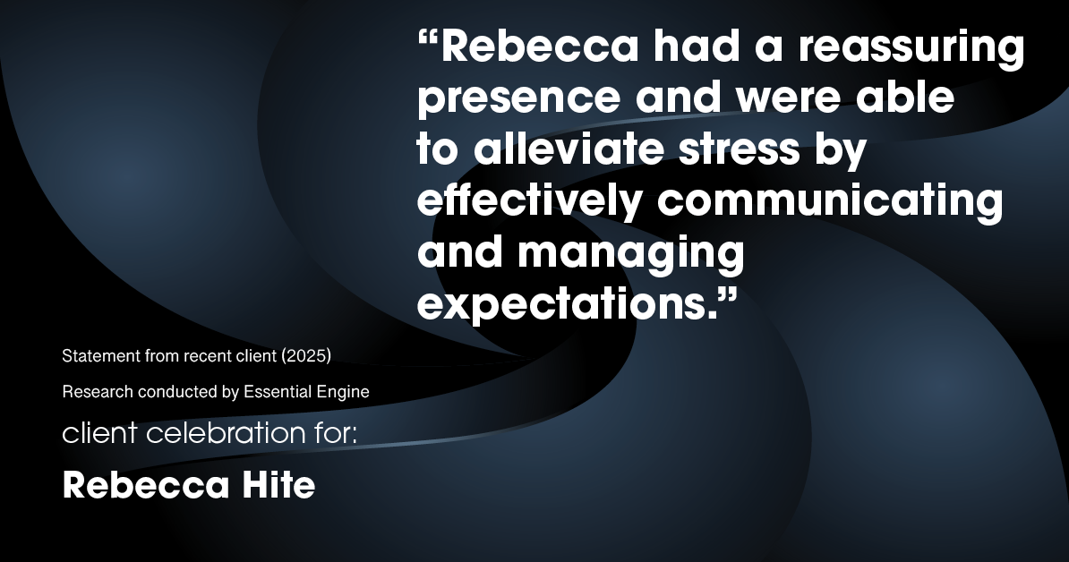 Testimonial for real estate agent Rebecca Hite with Huntington Properties, LLC in Englewood, CO: "Rebecca had a reassuring presence and were able to alleviate stress by effectively communicating and managing expectations."