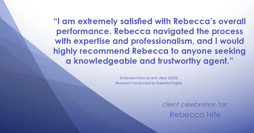 Testimonial for real estate agent Rebecca Hite with Huntington Properties, LLC in Englewood, CO: "I am extremely satisfied with Rebecca's overall performance. Rebecca navigated the process with expertise and professionalism, and I would highly recommend Rebecca to anyone seeking a knowledgeable and trustworthy agent."