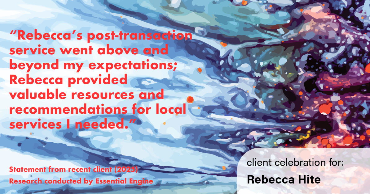 Testimonial for real estate agent Rebecca Hite with Huntington Properties, LLC in Englewood, CO: "Rebecca's post-transaction service went above and beyond my expectations; Rebecca provided valuable resources and recommendations for local services I needed."
