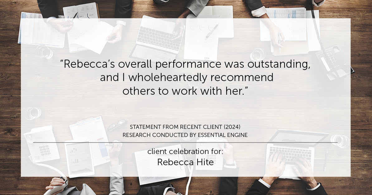 Testimonial for real estate agent Rebecca Hite with Huntington Properties, LLC in Greenwood Village, CO: "Rebecca's overall performance was outstanding, and I wholeheartedly recommend others to work with her."
