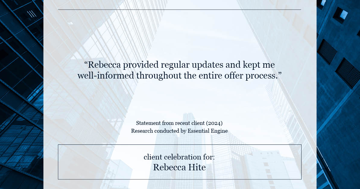 Testimonial for real estate agent Rebecca Hite with Huntington Properties, LLC in Greenwood Village, CO: "Rebecca provided regular updates and kept me well-informed throughout the entire offer process."