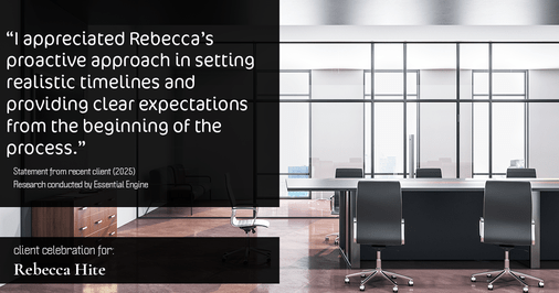 Testimonial for real estate agent Rebecca Hite with Huntington Properties, LLC in Englewood, CO: "I appreciated Rebecca's proactive approach in setting realistic timelines and providing clear expectations from the beginning of the process."