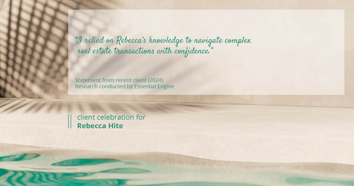 Testimonial for real estate agent Rebecca Hite with Huntington Properties, LLC in Greenwood Village, CO: "I relied on Rebecca's knowledge to navigate complex real estate transactions with confidence."