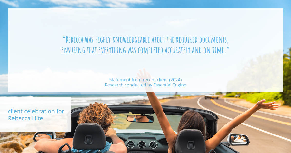 Testimonial for real estate agent Rebecca Hite with Huntington Properties, LLC in Greenwood Village, CO: "Rebecca was highly knowledgeable about the required documents, ensuring that everything was completed accurately and on time."