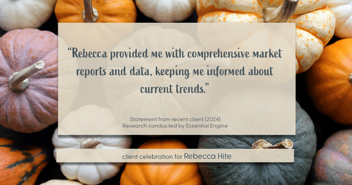 Testimonial for real estate agent Rebecca Hite with Huntington Properties, LLC in Greenwood Village, CO: "Rebecca provided me with comprehensive market reports and data, keeping me informed about current trends."