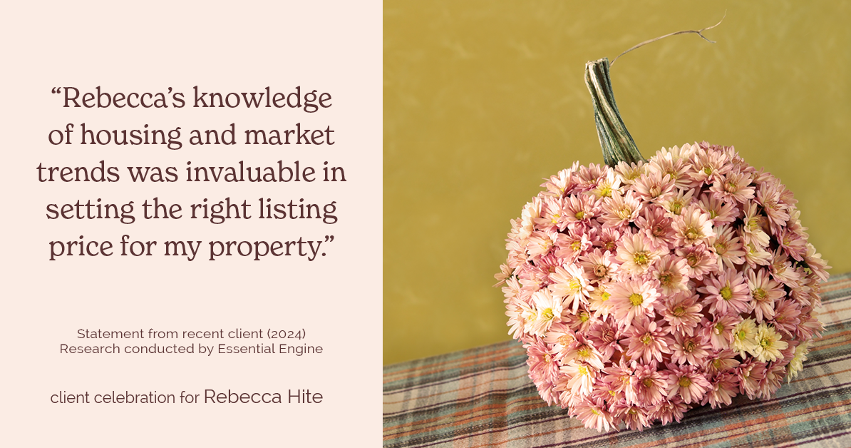 Testimonial for real estate agent Rebecca Hite with Huntington Properties, LLC in Greenwood Village, CO: "Rebecca's knowledge of housing and market trends was invaluable in setting the right listing price for my property."