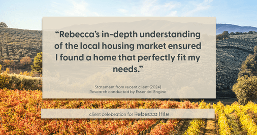 Testimonial for real estate agent Rebecca Hite with Huntington Properties, LLC in Greenwood Village, CO: "Rebecca's in-depth understanding of the local housing market ensured I found a home that perfectly fit my needs."