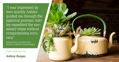 Testimonial for mortgage professional Ashley Kargar with Peoples Bank in , : "I was impressed by how quickly Ashley guided me through the approval process; Ashley expedited the necessary steps without compromising accuracy."
