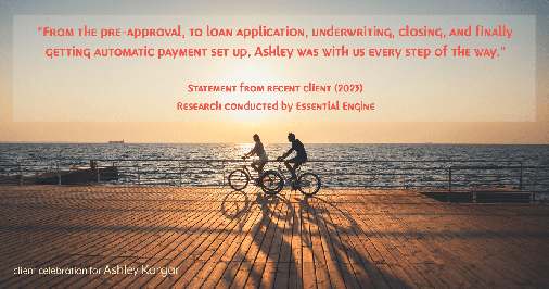 Testimonial for mortgage professional Ashley Kargar with Peoples Bank in , : "From the pre-approval, to loan application, underwriting, closing, and finally getting automatic payment set up, Ashley was with us every step of the way."
