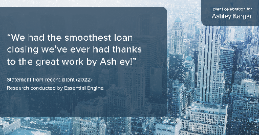 Testimonial for mortgage professional Ashley Kargar with Peoples Bank in , : "We had the smoothest loan closing we've ever had thanks to the great work by Ashley!"