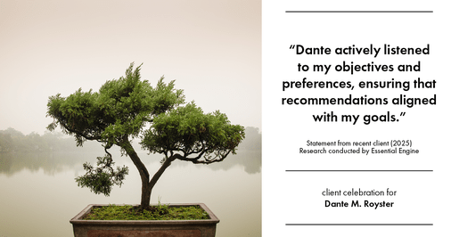 Testimonial for mortgage professional Dante Royster with Epic Mortgage, Inc. in , : "Dante actively listened to my objectives and preferences, ensuring that recommendations aligned with my goals."