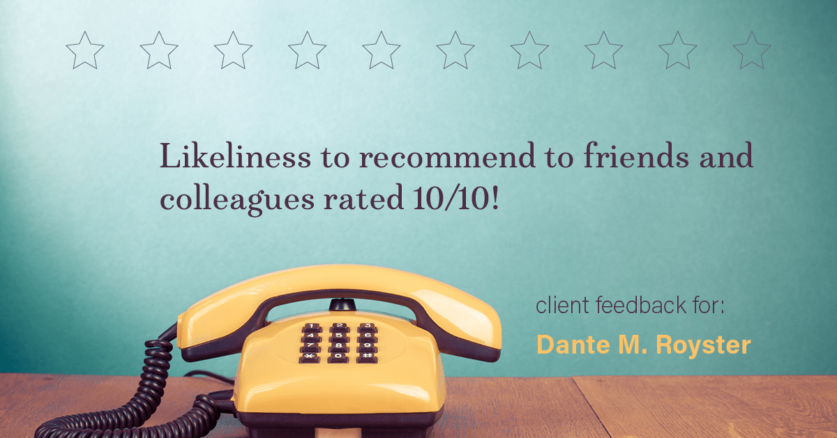 Testimonial for mortgage professional Dante Royster with Epic Mortgage, Inc. in Brookfield, IL: Happiness Meters: Phones 10/10 (likeliness to recommend)