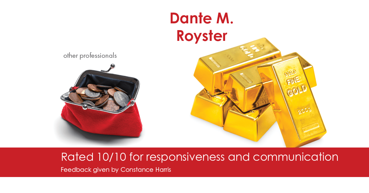 Testimonial for mortgage professional Dante Royster in Brookfield, IL: Happiness Meters: Gold 10/10 (Responsiveness and communication - Constance Harris)
