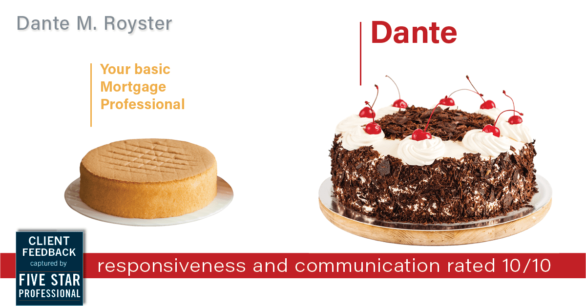 Testimonial for mortgage professional Dante Royster with Epic Mortgage, Inc. in , : Happiness Meters: Cake (Responsiveness and communication)