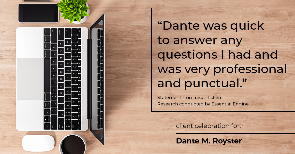 Testimonial for mortgage professional Dante Royster with Epic Mortgage, Inc. in Brookfield, IL: "Dante was quick to answer any questions I had and was very professional and punctual."