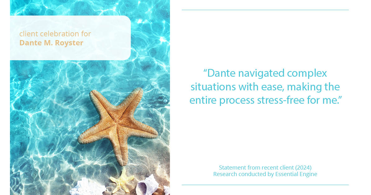 Testimonial for mortgage professional Dante Royster with Epic Mortgage, Inc. in , : "Dante navigated complex situations with ease, making the entire process stress-free for me."