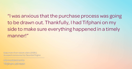 Testimonial for real estate agent Tifphani Johnson with Keller Williams Realty Devon-Wayne in , : "I was anxious that the purchase process was going to be drawn out. Thankfully, I had Tifphani on my side to make sure everything happened in a timely manner!"