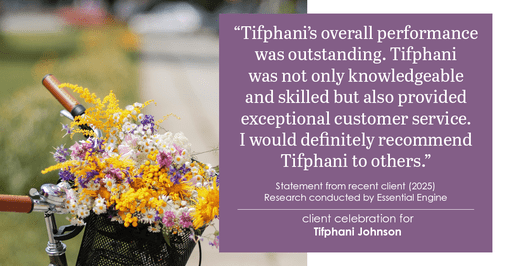 Testimonial for real estate agent Tifphani Johnson with Keller Williams Realty Devon-Wayne in , : "Tifphani's overall performance was outstanding. Tifphani was not only knowledgeable and skilled but also provided exceptional customer service. I would definitely recommend Tifphani to others."
