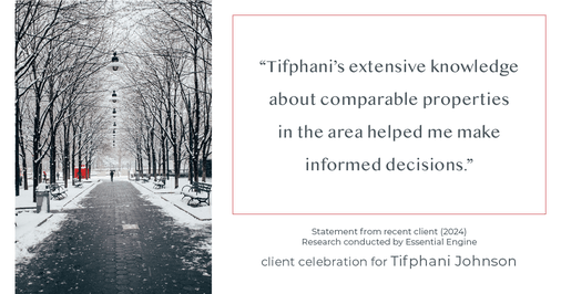 Testimonial for real estate agent Tifphani Johnson with Keller Williams Realty Devon-Wayne in , : "Tifphani's extensive knowledge about comparable properties in the area helped me make informed decisions."