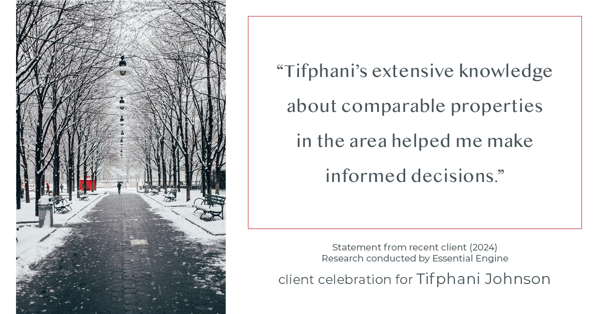 Testimonial for real estate agent Tifphani Johnson with Keller Williams Realty Devon-Wayne in , : "Tifphani's extensive knowledge about comparable properties in the area helped me make informed decisions."