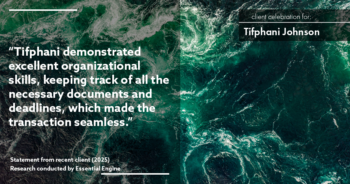 Testimonial for real estate agent Tifphani Johnson with Keller Williams Realty Devon-Wayne in , : "Tifphani demonstrated excellent organizational skills, keeping track of all the necessary documents and deadlines, which made the transaction seamless."
