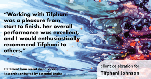 Testimonial for real estate agent Tifphani Johnson with Keller Williams Realty Devon-Wayne in , : "Working with Tifphani was a pleasure from start to finish. her overall performance was excellent, and I would enthusiastically recommend Tifphani to others."