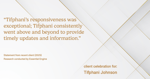 Testimonial for real estate agent Tifphani Johnson with Keller Williams Realty Devon-Wayne in , : "Tifphani's responsiveness was exceptional; Tifphani consistently went above and beyond to provide timely updates and information."