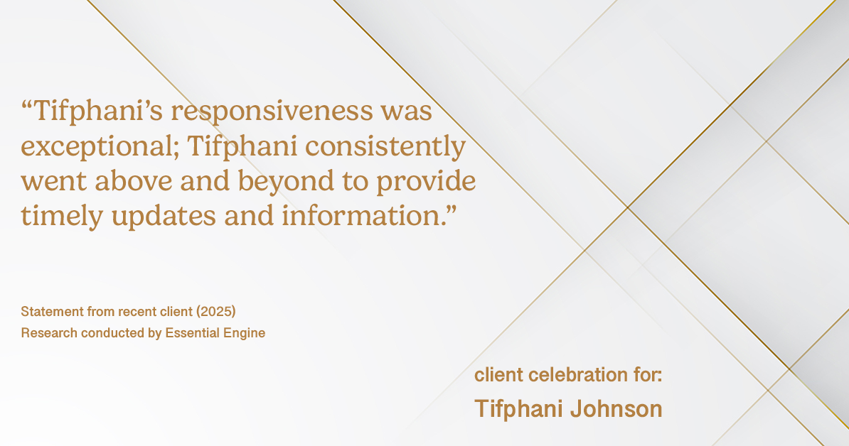 Testimonial for real estate agent Tifphani Johnson with Keller Williams Realty Devon-Wayne in , : "Tifphani's responsiveness was exceptional; Tifphani consistently went above and beyond to provide timely updates and information."