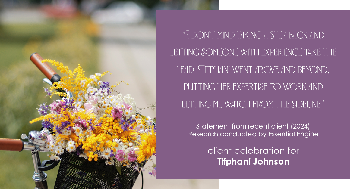 Testimonial for real estate agent Tifphani Johnson with Keller Williams Realty Devon-Wayne in , : "I don't mind taking a step back and letting someone with experience take the lead. Tifphani went above and beyond, putting her expertise to work and letting me watch from the sideline."