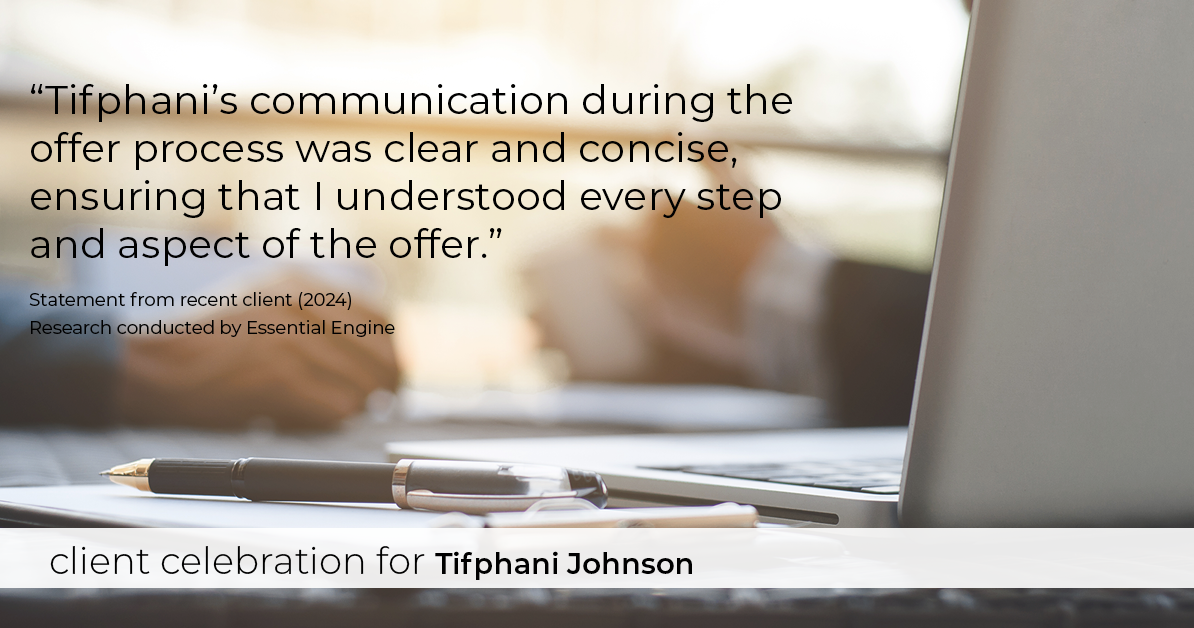 Testimonial for real estate agent Tifphani Johnson with Keller Williams Realty Devon-Wayne in , : "Tifphani's communication during the offer process was clear and concise, ensuring that I understood every step and aspect of the offer."