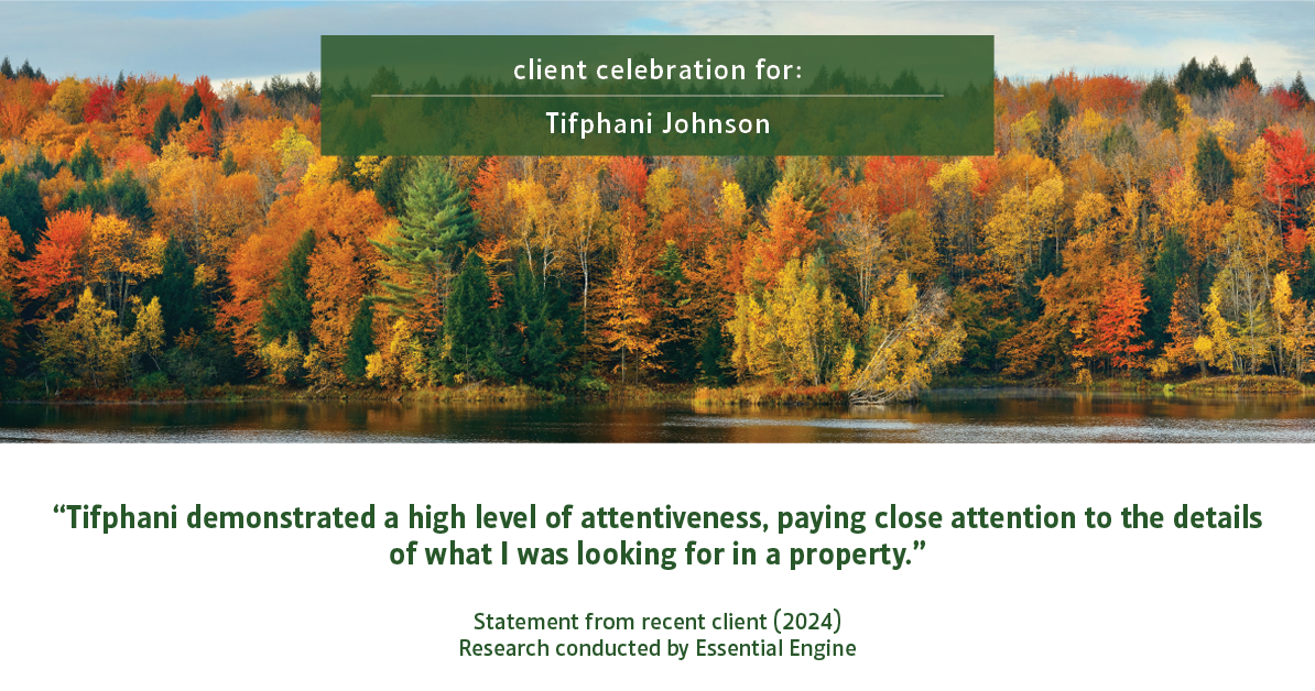 Testimonial for real estate agent Tifphani Johnson with Keller Williams Realty Devon-Wayne in , : "Tifphani demonstrated a high level of attentiveness, paying close attention to the details of what I was looking for in a property."