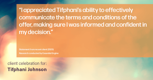 Testimonial for real estate agent Tifphani Johnson with Keller Williams Realty Devon-Wayne in , : "I appreciated Tifphani's ability to effectively communicate the terms and conditions of the offer, making sure I was informed and confident in my decision."
