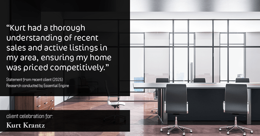 Testimonial for real estate agent Kurt Krantz in , : "Kurt had a thorough understanding of recent sales and active listings in my area, ensuring my home was priced competitively."