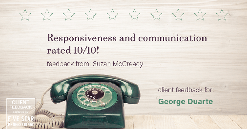 Testimonial for mortgage professional George Duarte in Fremont, CA: Happiness Meters: Phones (responsiveness and communication - Suzan McCready)