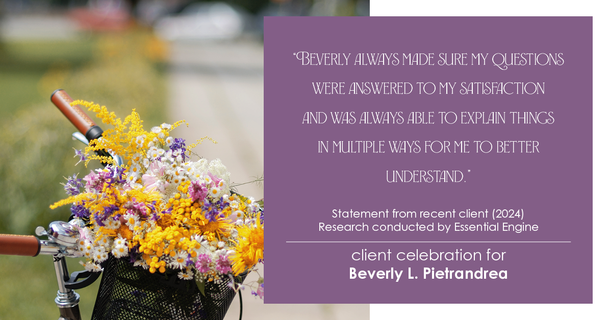 Testimonial for real estate agent Beverly Pietrandrea with Howard Hanna in , : "Beverly always made sure my questions were answered to my satisfaction and was always able to explain things in multiple ways for me to better understand."