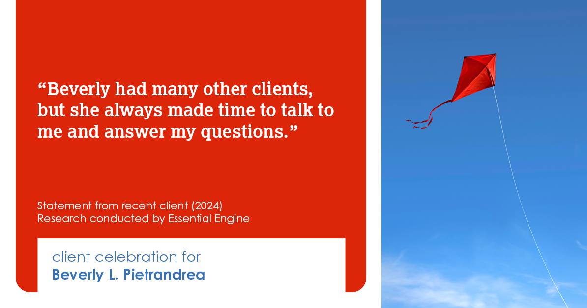 Testimonial for real estate agent Beverly Pietrandrea with Howard Hanna in , : "Beverly had many other clients, but she always made time to talk to me and answer my questions."