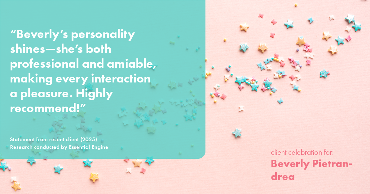 Testimonial for real estate agent Beverly Pietrandrea with Howard Hanna in , : "Beverly's personality shines—she's both professional and amiable, making every interaction a pleasure. Highly recommend!"