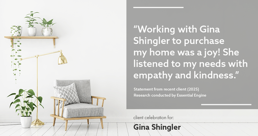 Testimonial for real estate agent Gina Shingler with Oregon & Washington Digs in Happy Valley, OR: "Working with Gina Shingler to purchase my home was a joy! She listened to my needs with empathy and kindness."