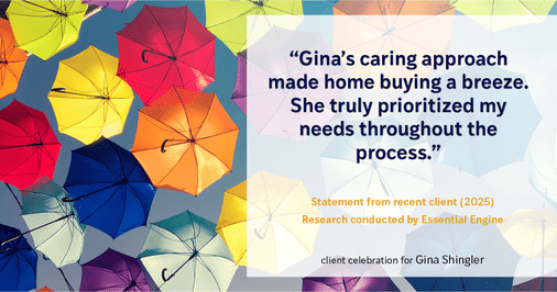 Testimonial for real estate agent Gina Shingler with Oregon & Washington Digs in Happy Valley, OR: Gina's caring approach made home buying a breeze. She truly prioritized my needs throughout the process.